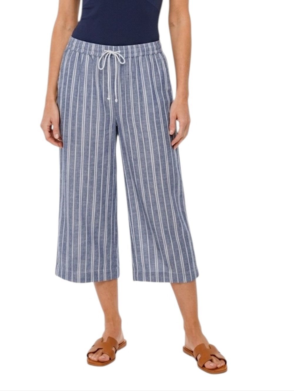 Beachlunchlounge Margot Blue Linen Blend Wide Leg Pull-On Cropped Pants Size XL